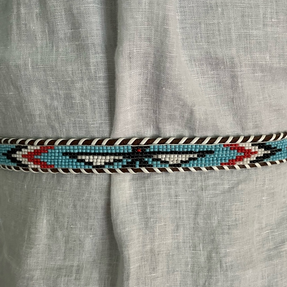 Kids Aztec Southwestern Native American Beaded Leather Cowhide Belt 29”.